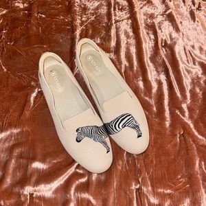 Cream and Black Zebra Flats with Rounded Toe